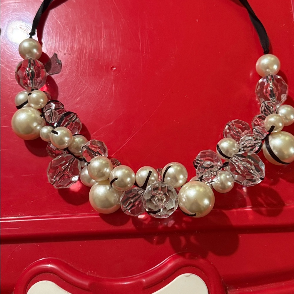 Pearl & Clear Faceted Crystal Balls Ribbon enhancement Runway Ready Necklace